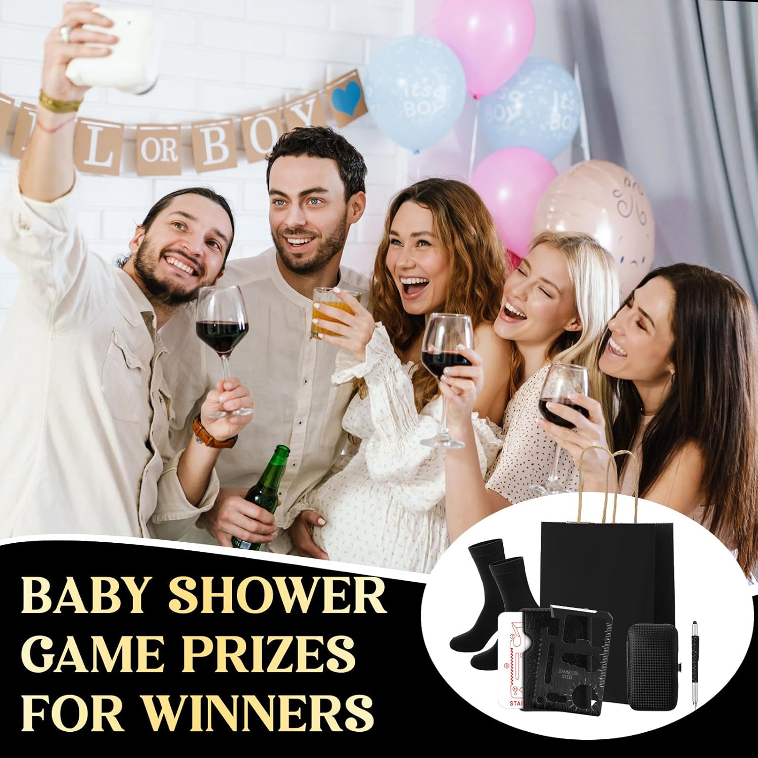6 Sets Fathers Day Gifts Baby Shower Game Prizes for Men Include Black Kraft Paper Gift Bags Manicure Kit Tools Socks Pens 11-in-1 Survival Card Tool for Men Husband Father(Black)
