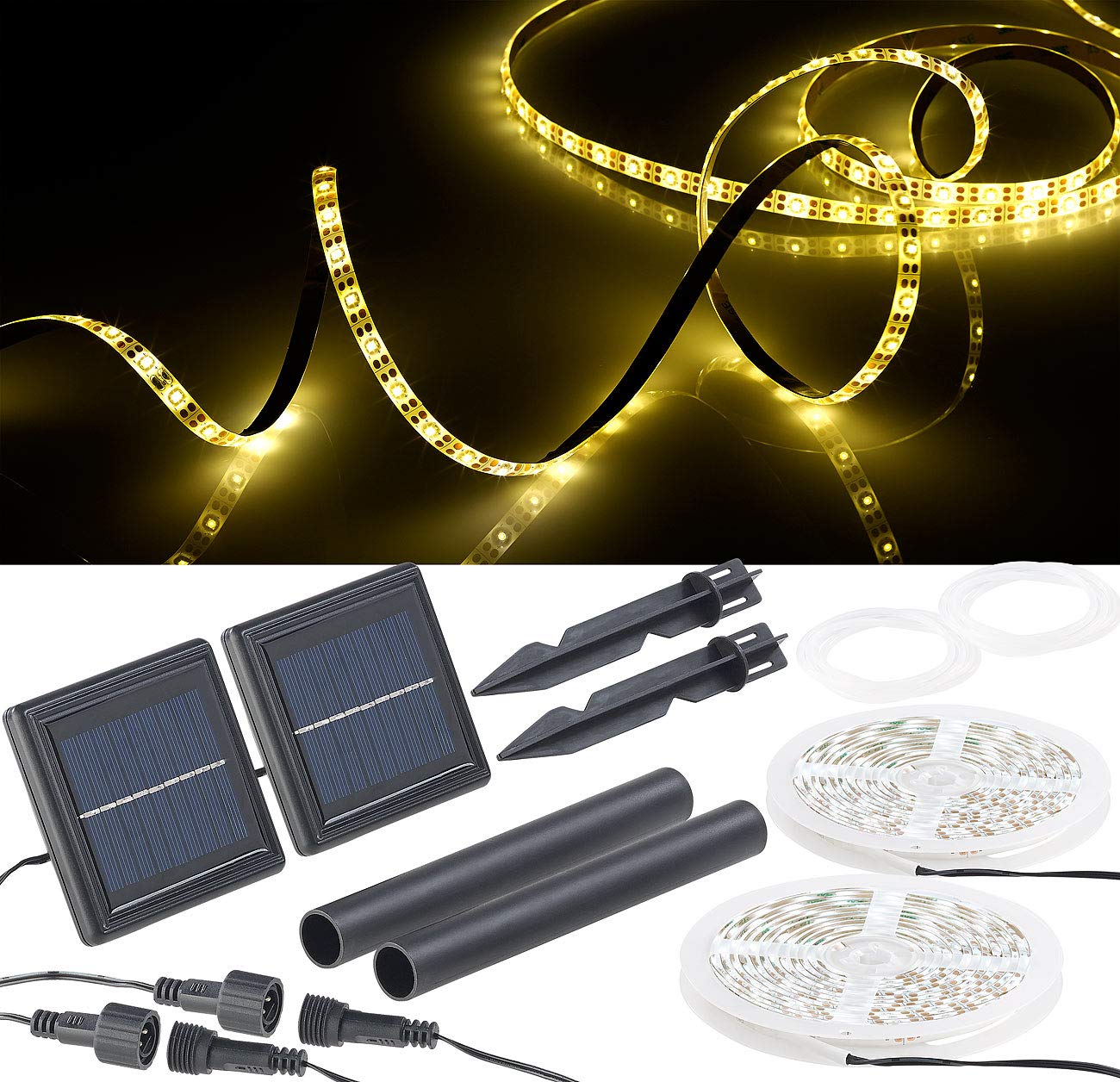 Lunartec Band Solar: 2er-Set Solar-LED-Streifen mit 180 warmweißen LEDs, wetterfest IP65 (Lichtschlauch, LEDstreifen, Teich)