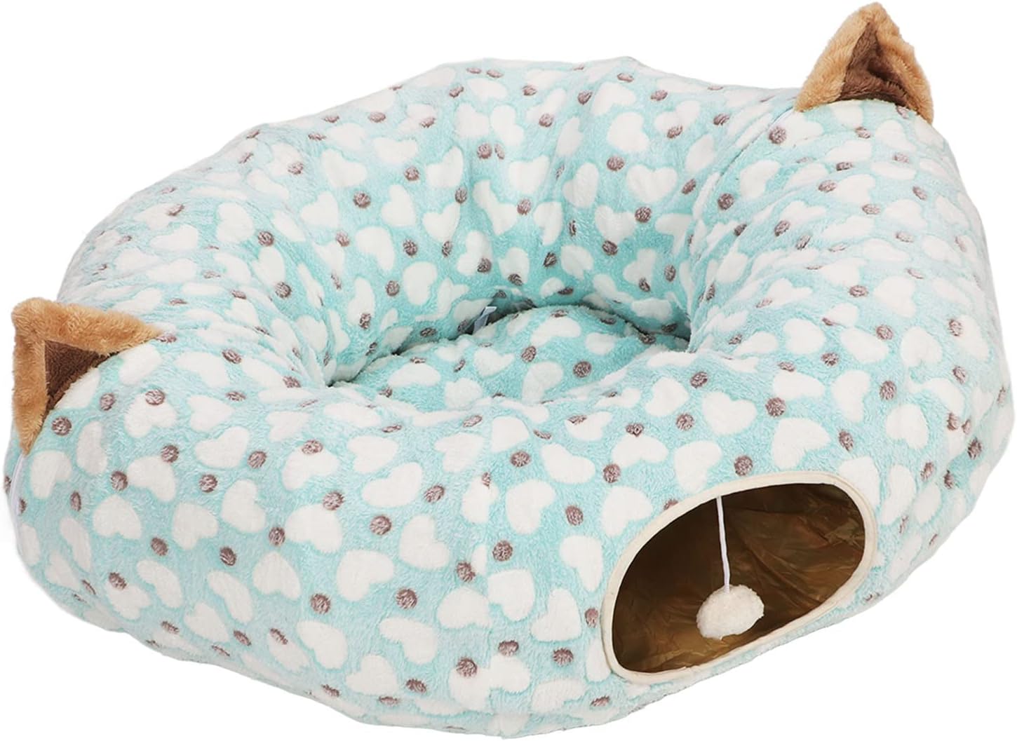 Semme Heart Pattern Cat Tunnel Bed Collapsible 3 Way Tube with Mat Play for Cats Kittens Soft Fleece Blue