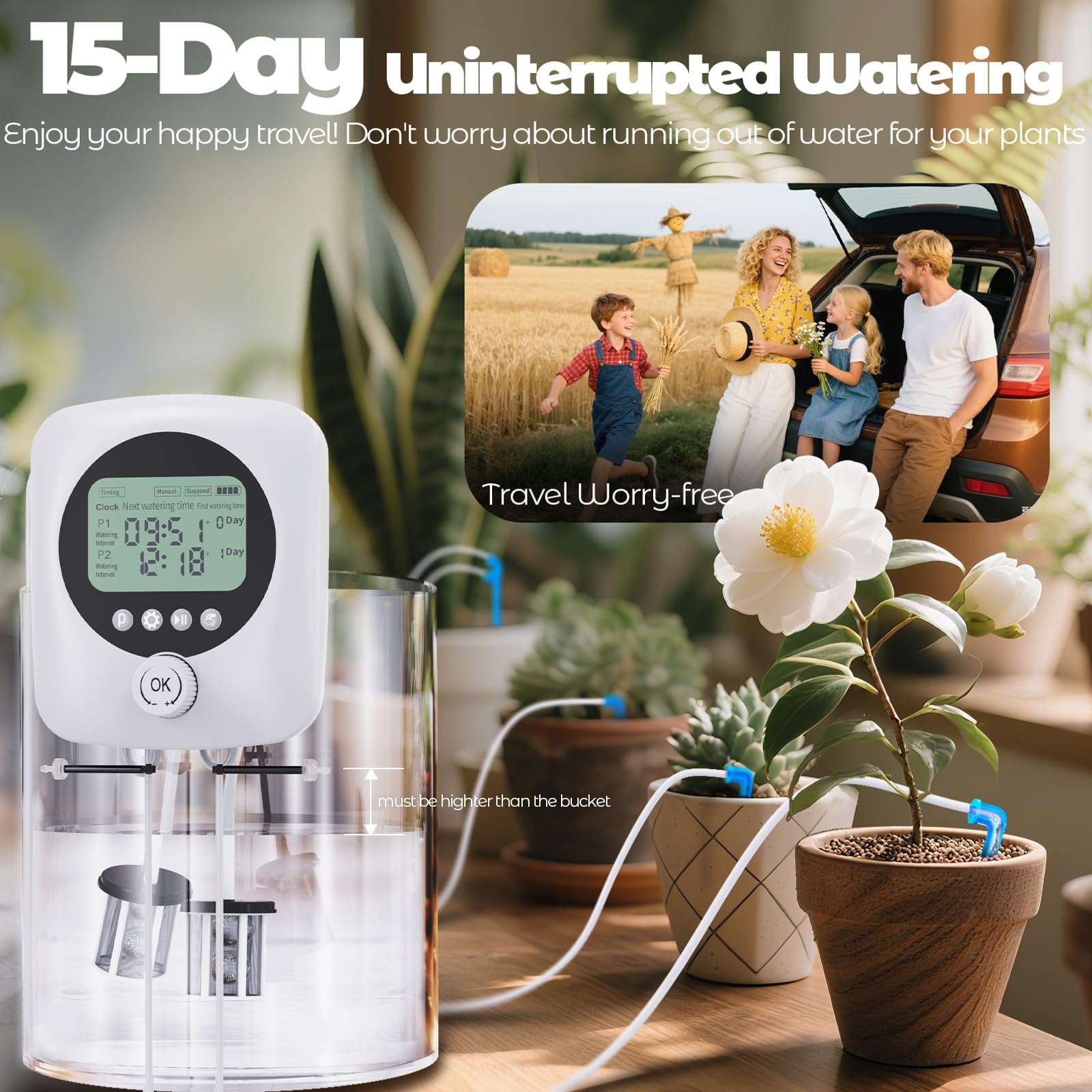Abbeveratoio automatico a 2 zone per vacanze al chiuso, sistema di irrigazione a goccia con timer digitale programmabile, supporto per 15 piante da appartamento in vaso con dispositivi di irrigazione