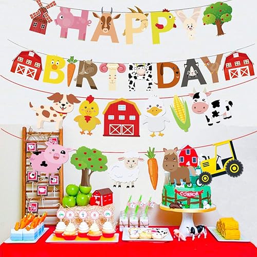 Miniatura 2 de Decoración de fiesta de cumpleaños de animales de granja, pancarta de feliz cumpleaños con guirnalda de banderines de corral para niños y niñas,