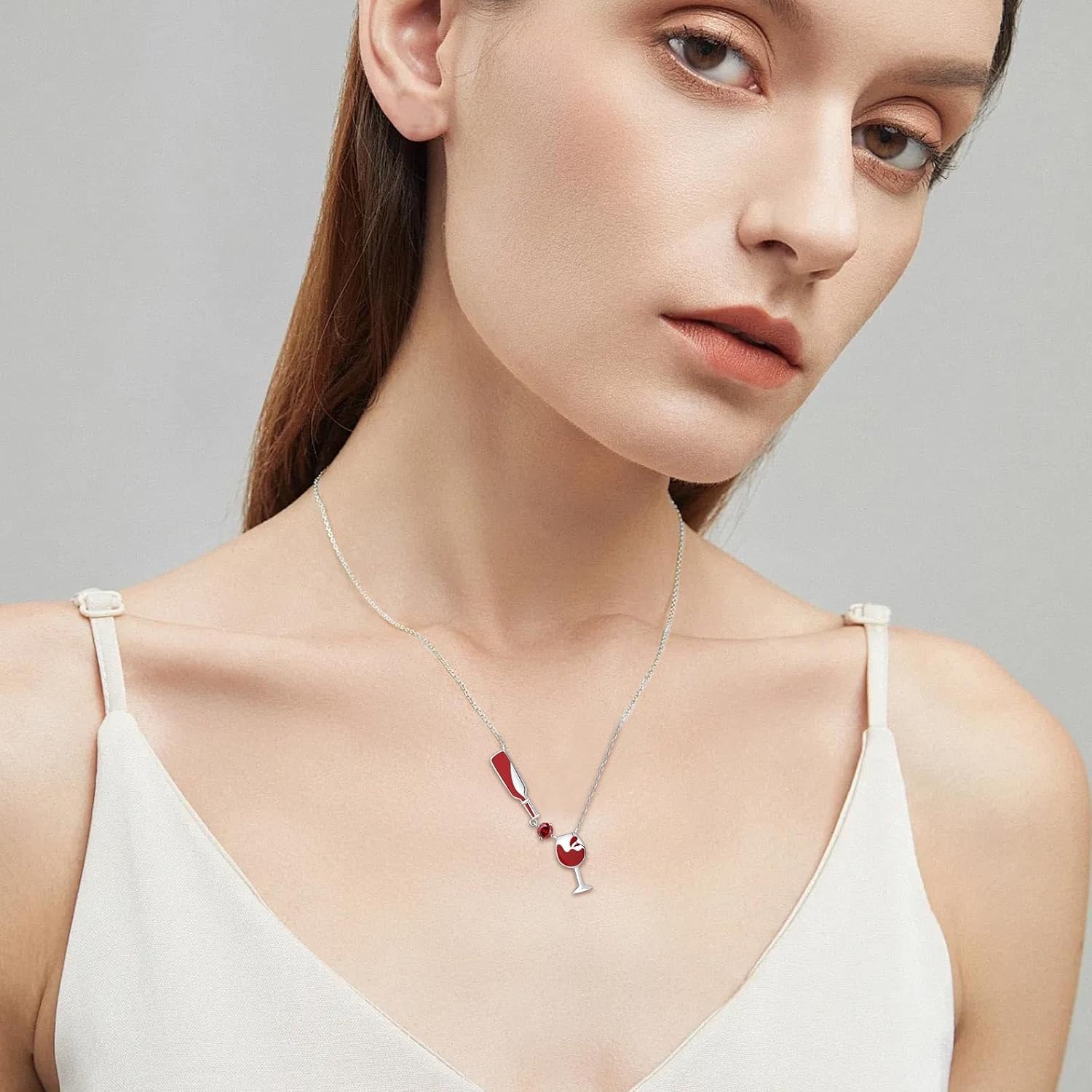 Sterling Silver Wine Bottle & Glass Pendant Necklace for Women - 925 Silver, Red Gemstone, 1.37 inches - Image 2
