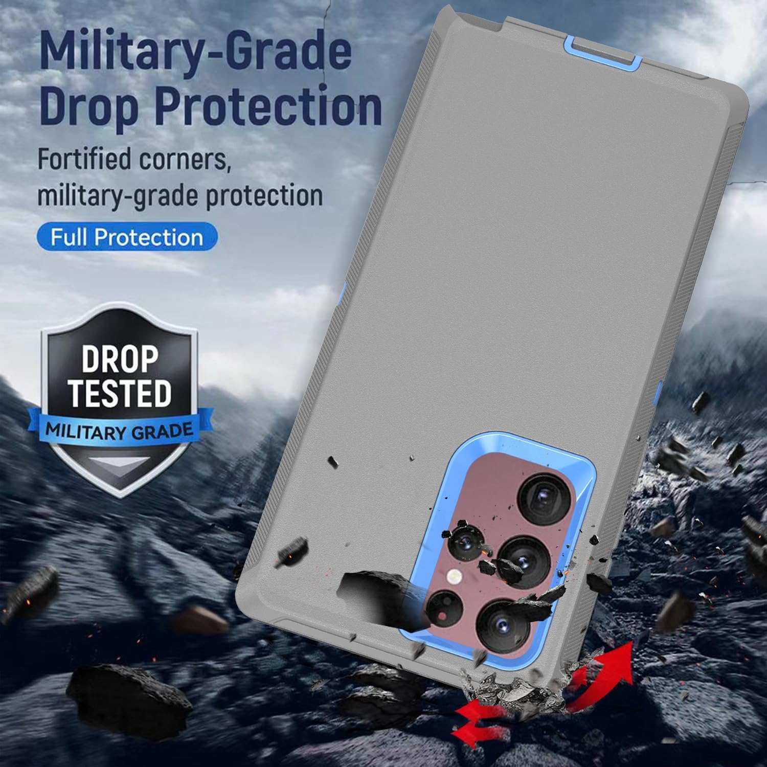 Defender Series Case for Samsung Galaxy S22 Ultra 5G，Rugged & Durable,Military Grade Shockproof Secure Layered, with Port Protection, Includes Holster Clip Kickstand for S22 Ultra 6.8”-Gray/Dark Blue - Image 3