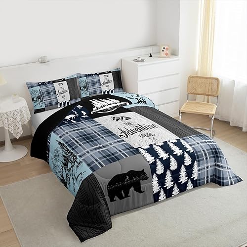 Miniatura 4 de Juego de ropa de cama de cabaña retro rústica tamaño King, juego de edredón de oso y ciervos para niños, adolescentes y adultos, edredón de caza de
