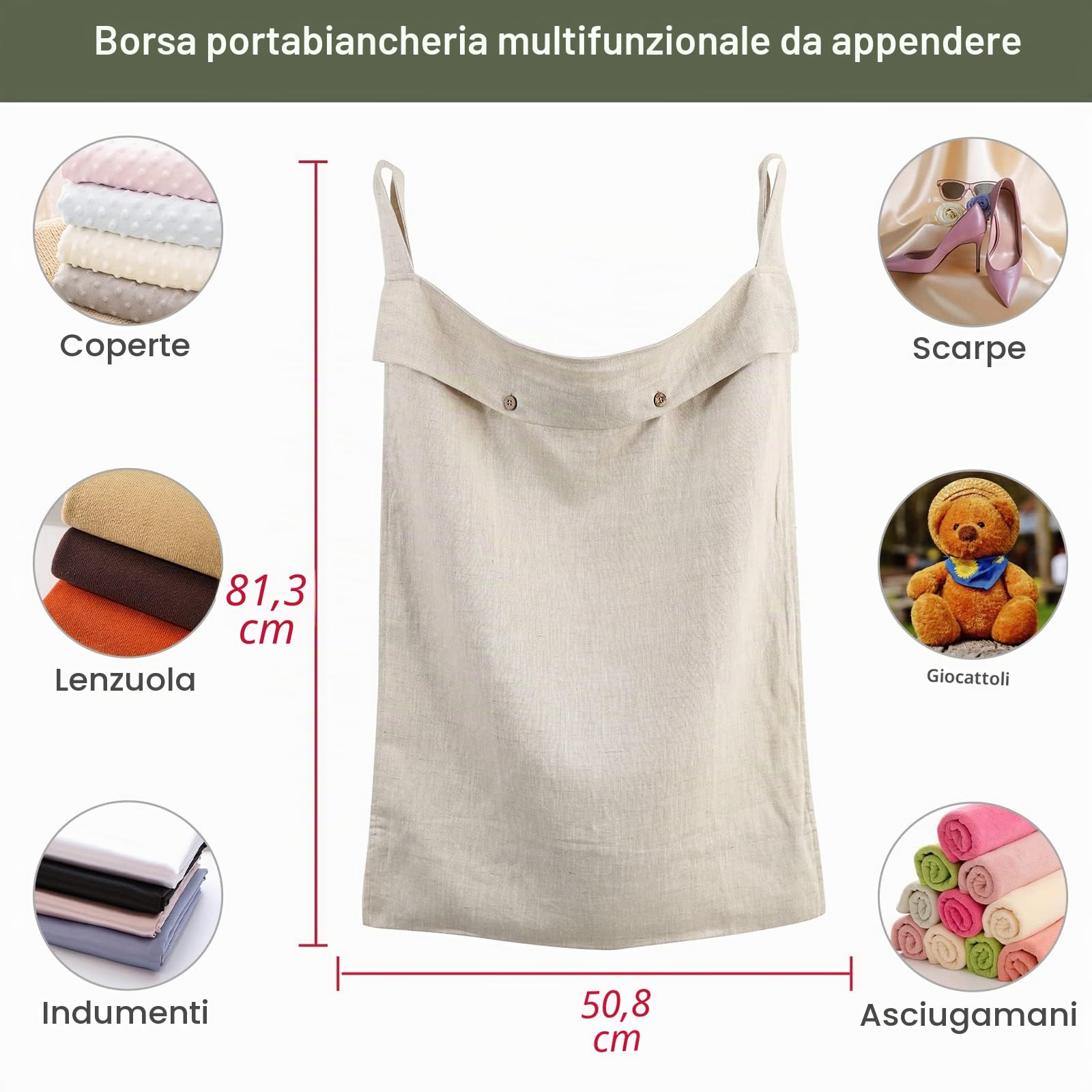 Cesto portabiancheria da appendere, 100% lino, da appendere alla porta, salvaspazio, con bottoni e cerniera, per casa e viaggio