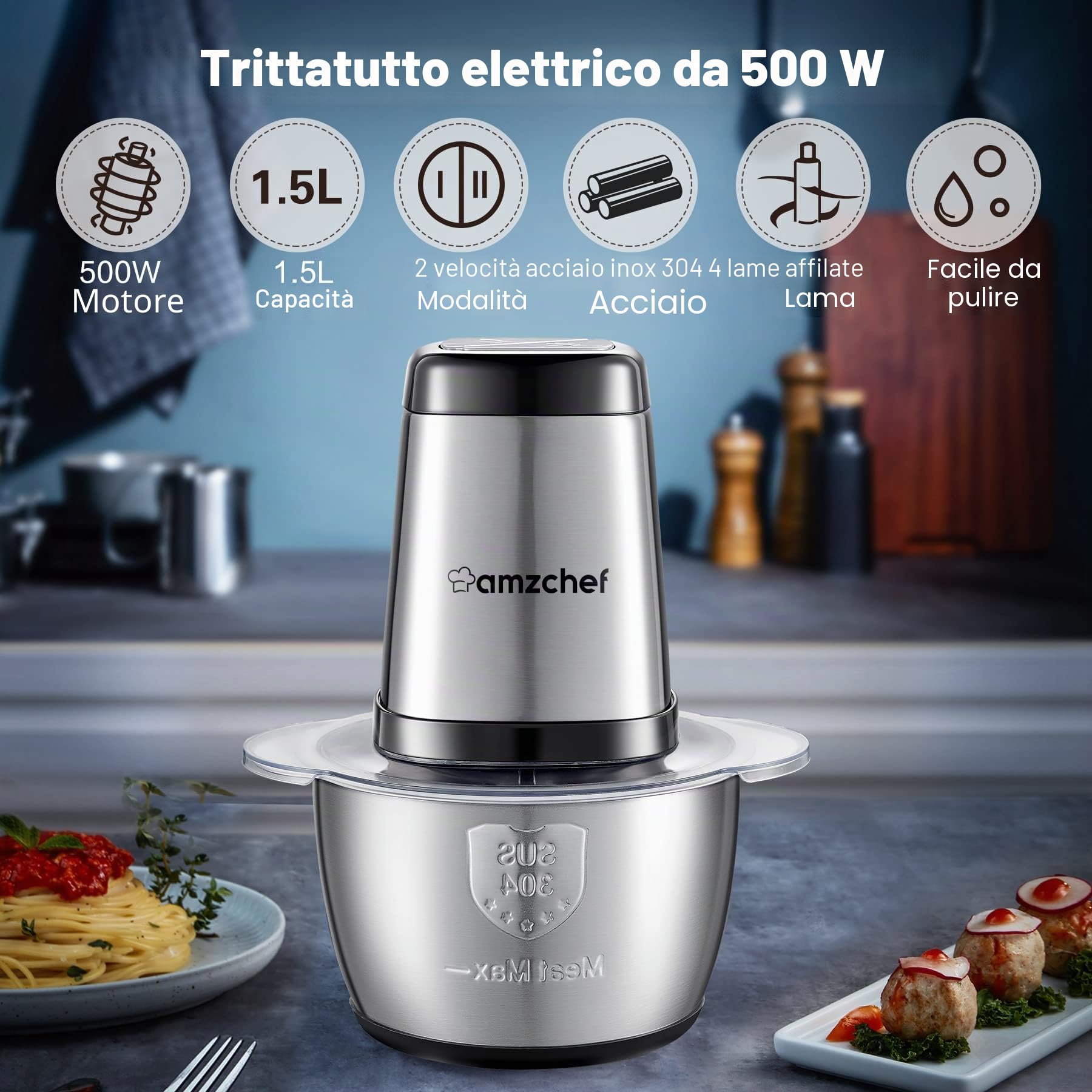 AMZCHEF Tritatutto da Cucina Elettrico, 500W, Mini Tritatutto con Ciotola in Acciaio Inox da 1.5L, 4 Lame Affilate, Multifunzione Tritatutto per Frutta Verdura Carne Spezie