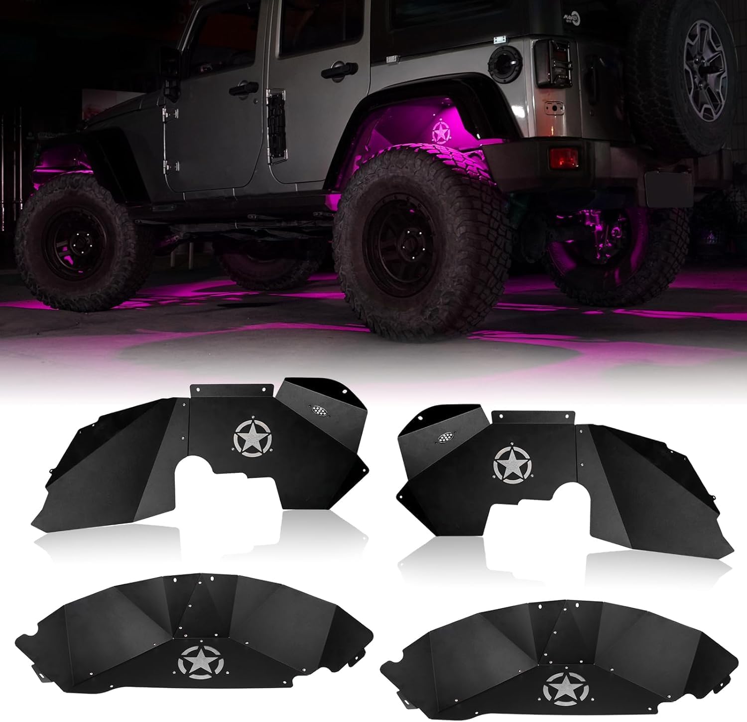 Front and Rear Inner Fender Liners Kit with LED Neon Light for 2007-2018 Jeep Wrangler JK JKU 2/4 Doors Five Star Logo