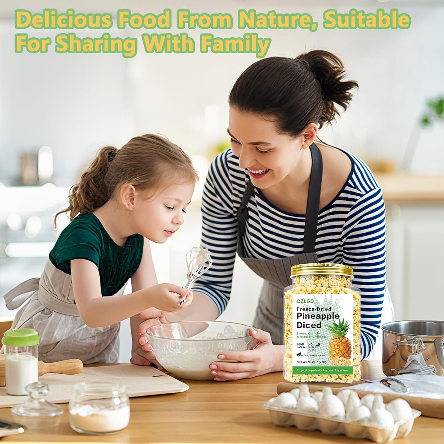 QZLGD Freeze Dried Pineapple, Freeze Dried Fruit, frozen Pineapple Pieces, 9.52oz/270g, No Added Sugar, for Baking or Adding to Breakfast Cereal, Milkshakes