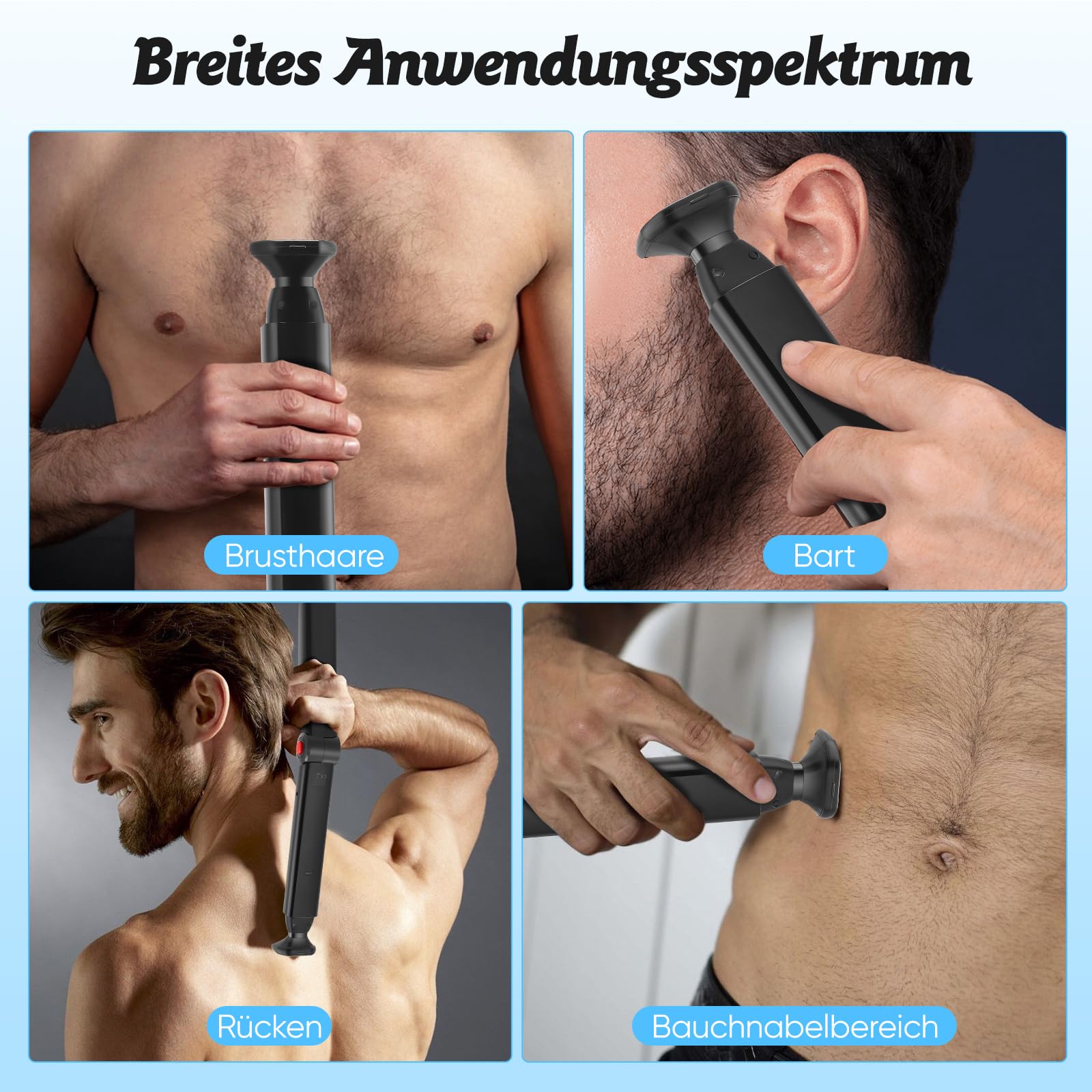 Rückenrasierer für Männer, Körpertrimmer Elektrischer mit 2 abnehmbare Scherköpfe & Ergonomischer Armverlängerung, Faltbare Herren Körperrasierer für Rücken-, Gesichts-, Brust- & Schulternpflege