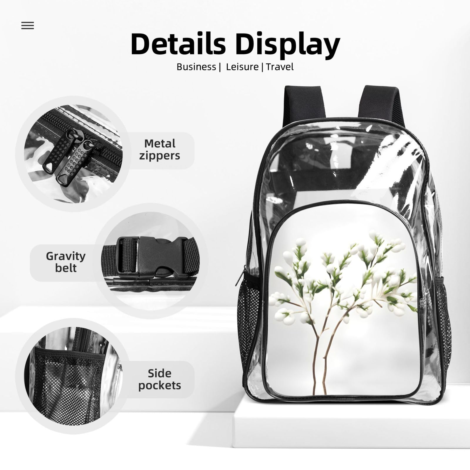 Rucksack-Set, 3-in-1, transparent, für Schule, Arbeit, Stadion, Veranstaltungen und den täglichen Gebrauch, Weiß
