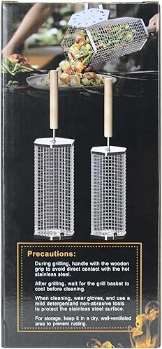 Miniatura 10 de Cesta de parrilla rodante, mango de madera extraíble, acero inoxidable 304, herramientas de parrilla de anidación, accesorios de barbacoa para