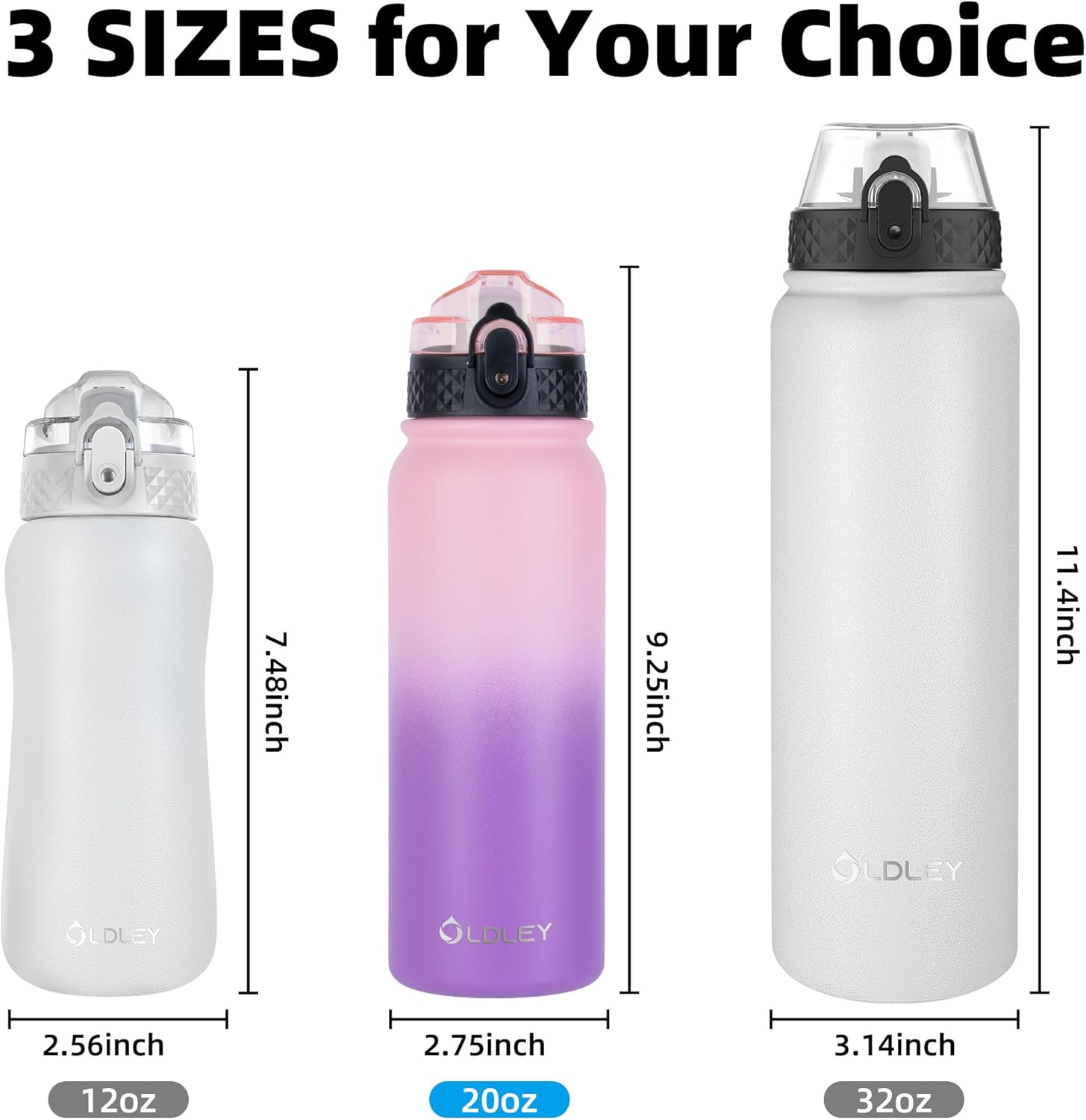 OLDLEY Insulated Water Bottle 20oz Water Bottles with Straw, Stainless Steel Water Bottle with 3 Lids, Double Wall Vacuum Bottles for Adult Kids, Sports Bottles for School Travel, Ombre Pink-Purple - Image 5