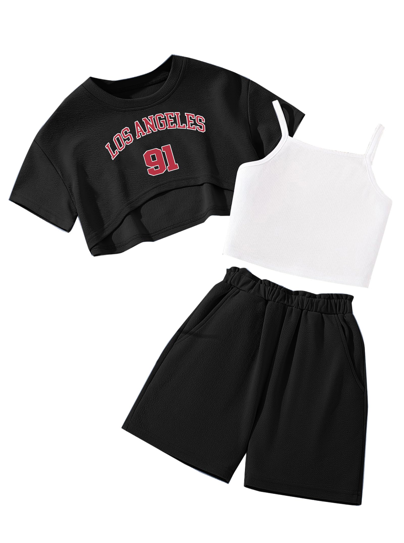 Hilinker Girls 3 Piece Summer Outfits Graphic Crop Tee and Cami Top with Shorts Set