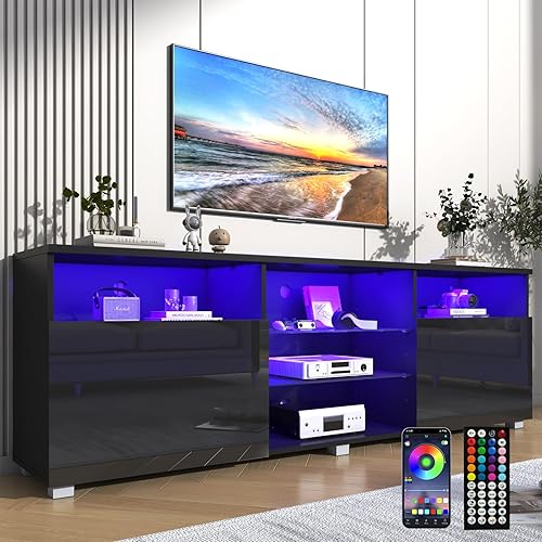 Miniatura 10 de Soporte de TV negro LED de alto brillo para TV de 55/60/65 pulgadas, moderno centro de entretenimiento LED con estantes de almacenamiento