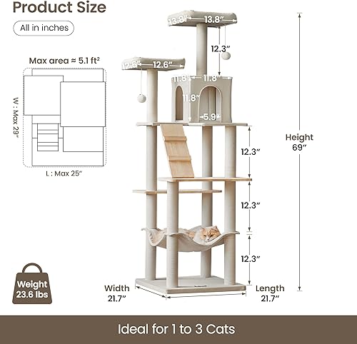 Miniatura 6 de MWPO Árbol grande y moderno para gatos, torre de madera de 70.1 pulgadas para gatos de interior, condominio alto para gatos de varios niveles con 2