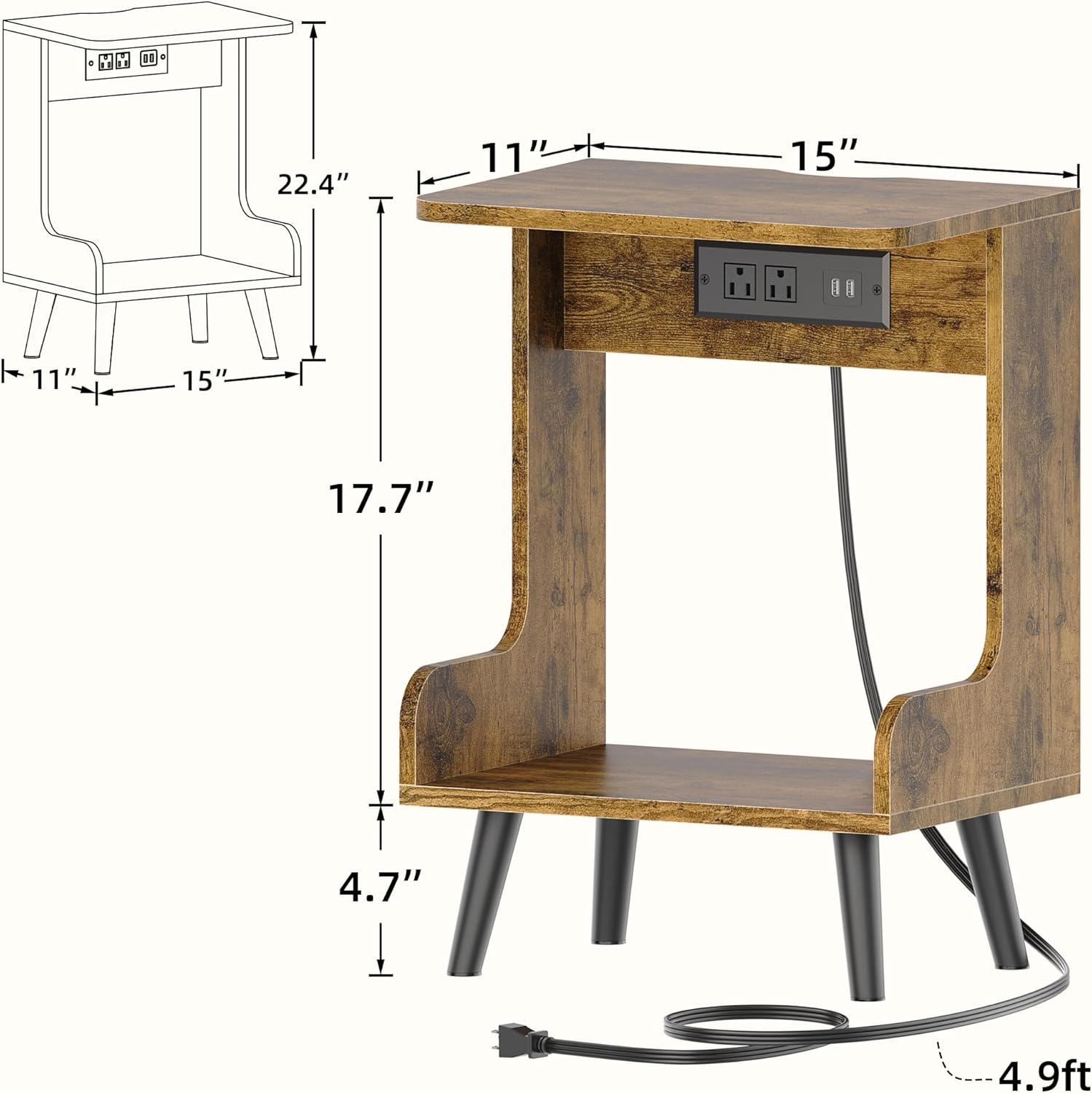 Rustic Brown Wood Nightstands with Charging Station, Set of 2