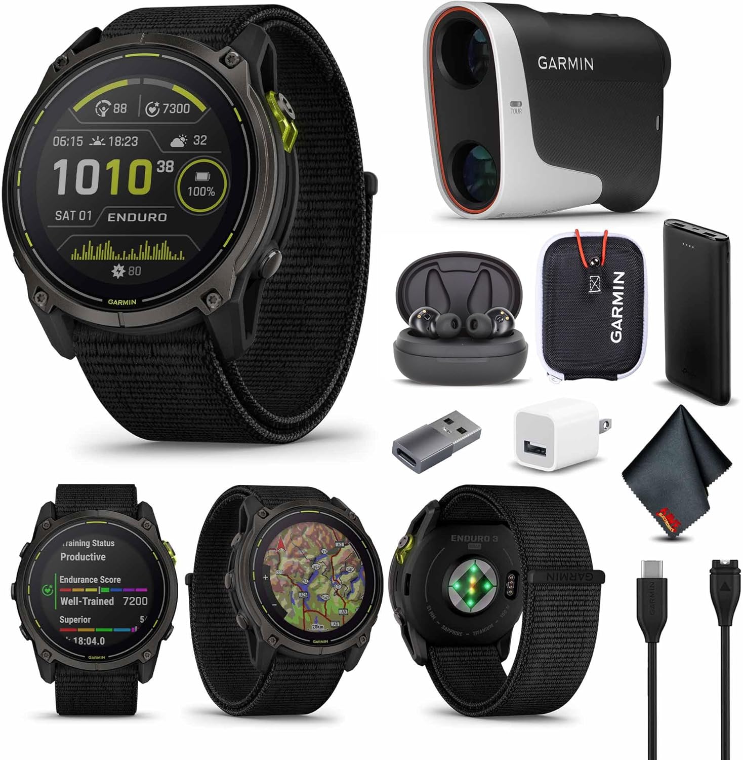 Garmin Enduro 3, Solar, Sapphire Multisport GPS Smartwatch Carbon Gray DLC Titanium with Black Ultrafit Nylon Strap, Fitness Smart Watch Bundle Approach Z30 Golf Laser Range Finder + More
