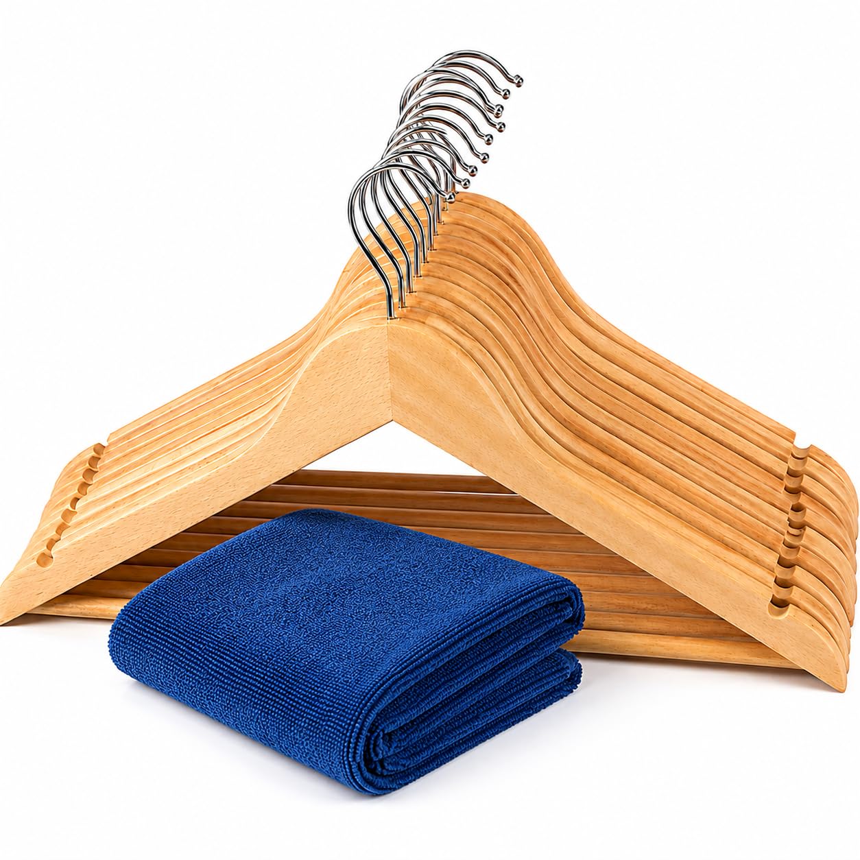 Wooden Hanger for Clothes (Pack of 13, Beige) Shirts, Garments, Coats & Jackets | Anti-Slip Precisely Cut Notches | 360° Swivel Chrome Hook | Includes complimentary Microfiber Cloth-image-13