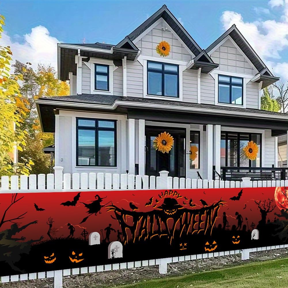 LeDuo 120" x 20"Happy Halloween Banner- Long Halloween Outdoor Decoration Banner Pumpkin Lamp Graveyard Background Orange Party Decoration Supplies for Wall Office Fence Yard Garage Backdrop image 2