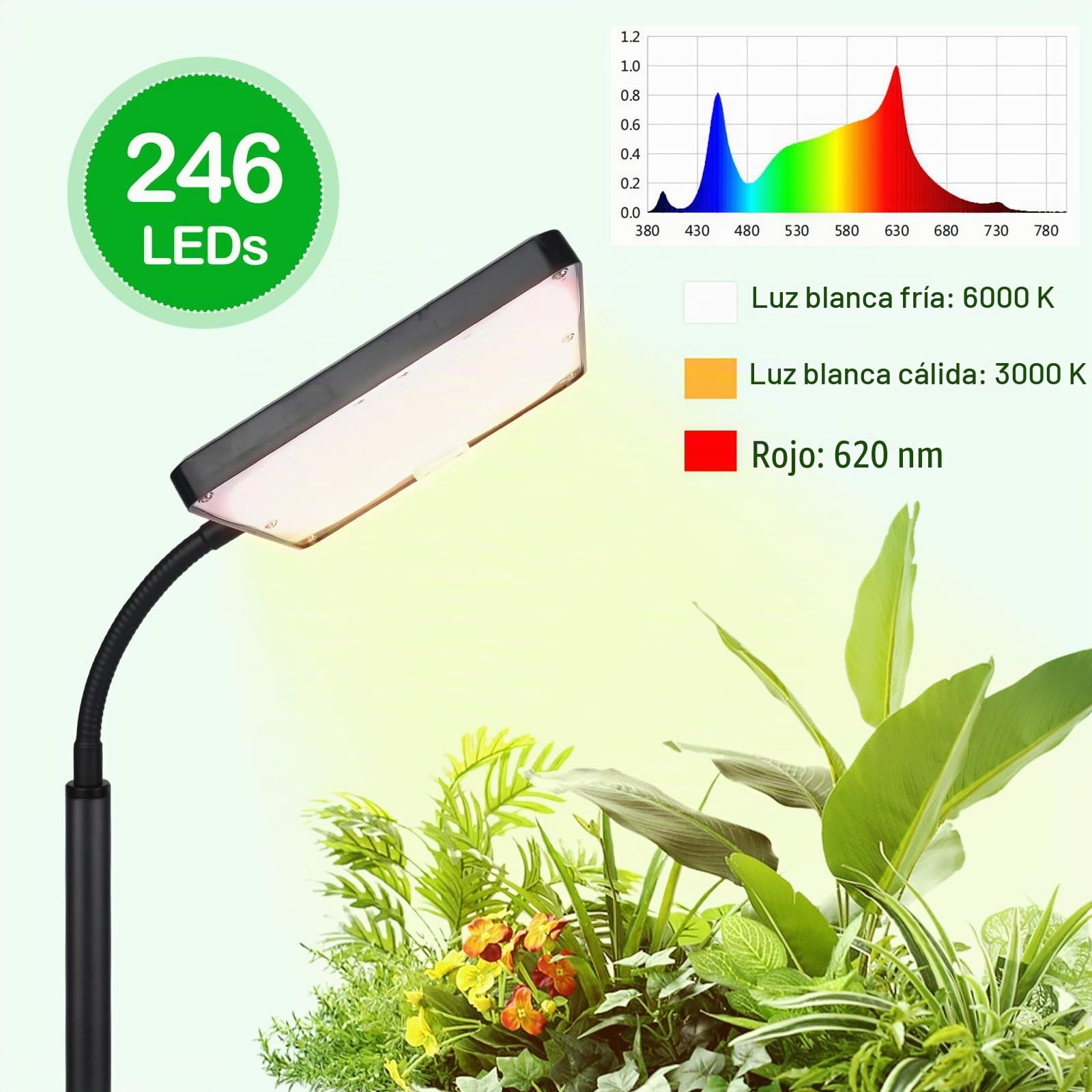 Lámpara de Planta, 246 LEDs Luces de Crecimiento de Espectro Completo, 45-160cm Ajustable en Altura, con Temporizador 4/8/12H, 120 Lúmenes, para Plantas de Interior