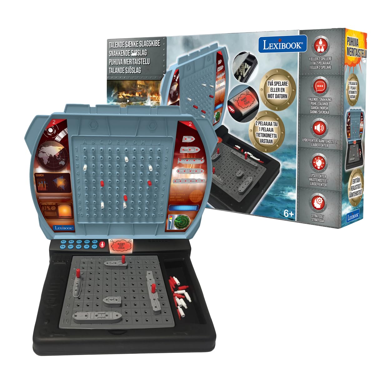 LEXIBOOK, Electronic Talking Sea Battle, gioco elettronico interattivo famiglia 1 o 2 giocatori, effetti luminosi e sonori, funzionamento a batteria, GT2800i3LXB