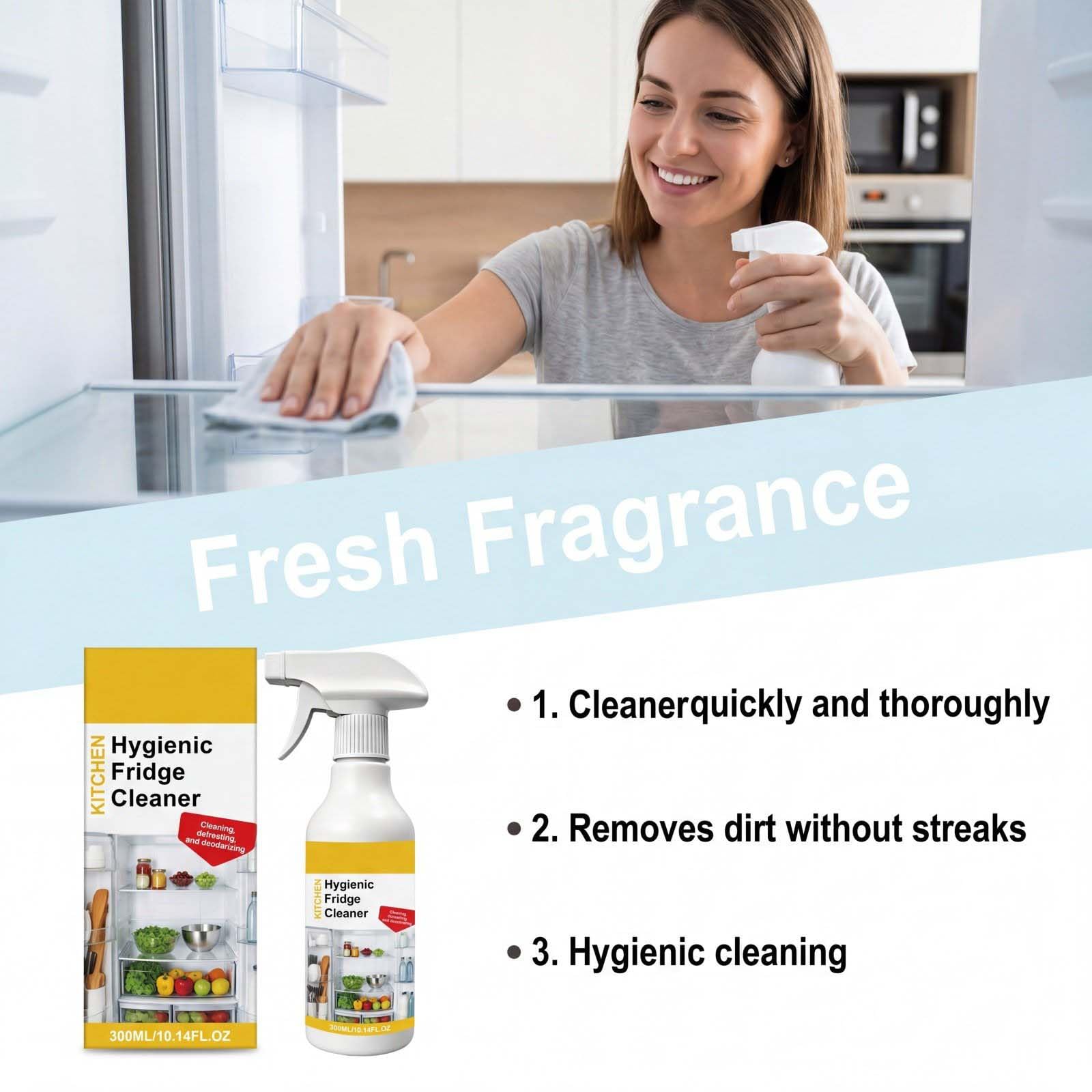 Detergente spray per frigorifero da cucina, rimuove in profondità le macchie del congelatore e lo sporco, detergente deodorante per frigorifero ad alta efficacia (3 pezzi)
