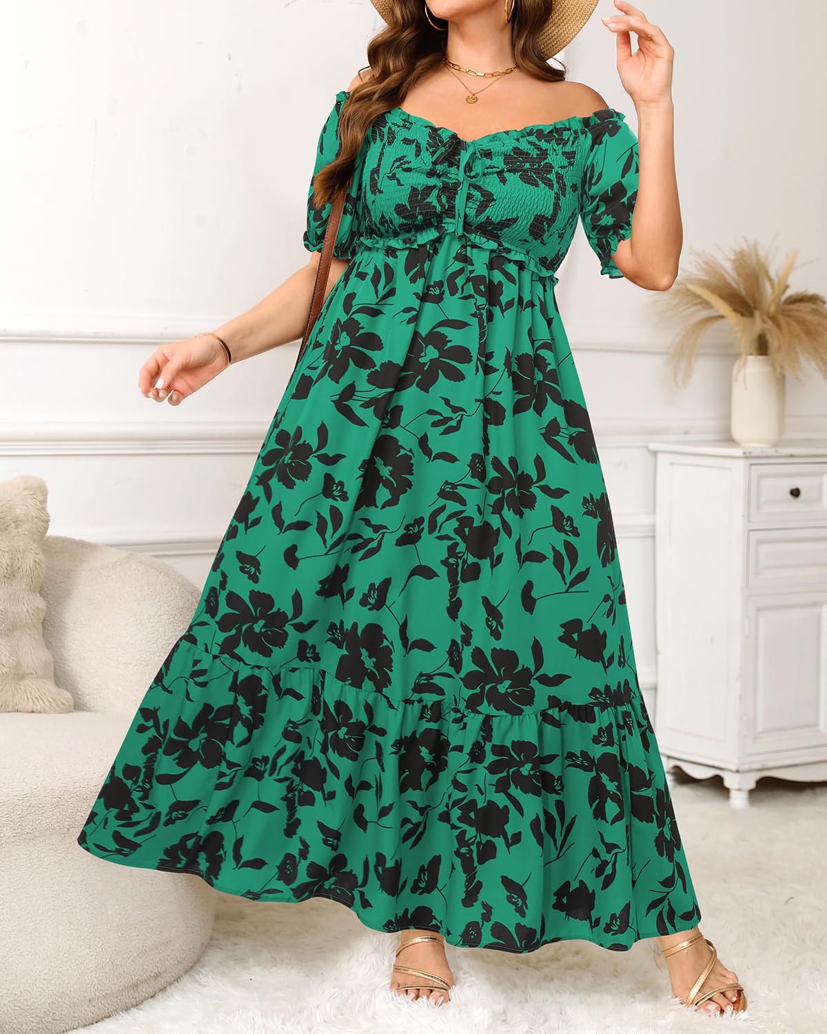 Sonnenkleider in Übergröße für Damen, Sommer, schulterfrei, Puffärmel, A-Linie, Boho, Maxi-Flow-Kleid, langes Kleid 2025