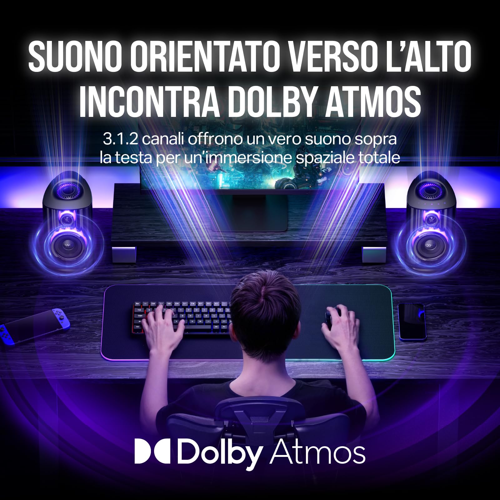 OXS Thunder Duo Altoparlante da Gaming 3.1.2 con Dolby Atmos, Audio Hi-Fi di Livello Studio, RGB Dinamico, Modalità EQ Multiple, Controllo APP, HDMI 2.1, USB-C, Bluetooth, per PC e Console di Gioco