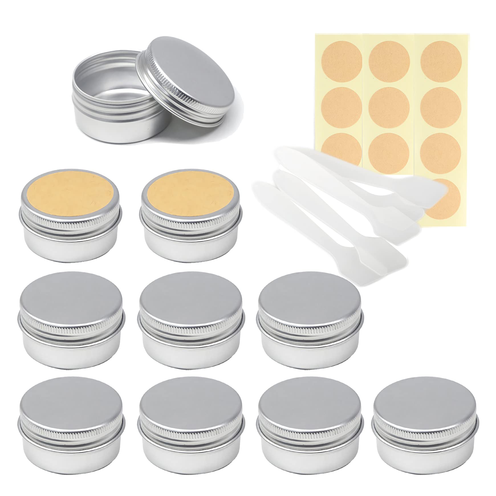 LusDoly Pack of 10 Empty 30ml Silver Aluminium Tins with Lids - Ø47x25mm Travel Round Aluminum Screw Pots Cosmetic Cream Jars Container for Candle Lip Balm, Salve, with Labels & Spatulas — image 1