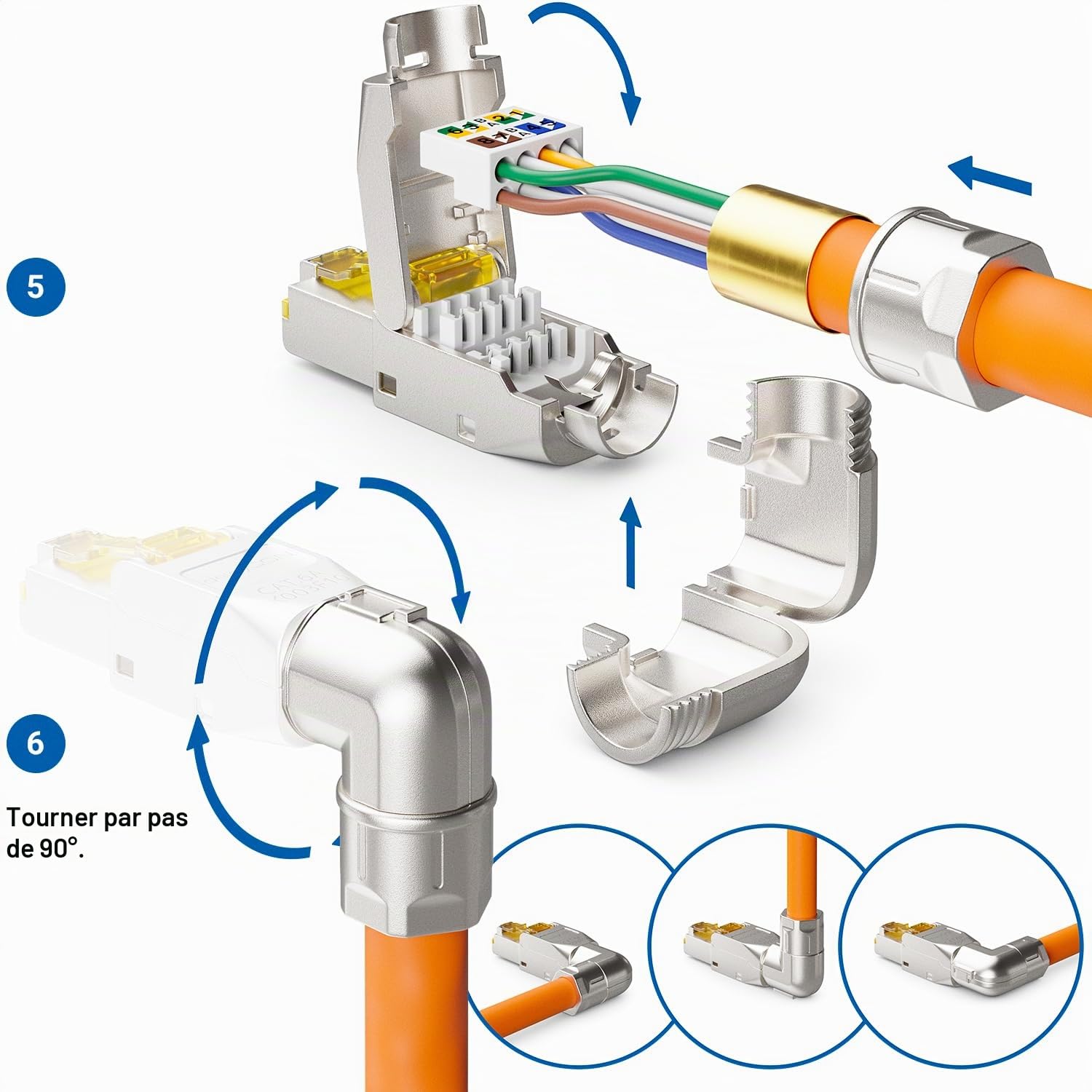 deleyCON 12x Connecteur Réseau RJ45 Cat 6a Coudé 90° sans Outil, Blindé, 10 Gbit/s - pour Câbles D’installation Rigides - Ethernet LAN/DSL, Patch | Sans outil, blindé, pour câble de pose rigide, câble brut, connecteur RJ45 Ethernet LAN DSL câble patch