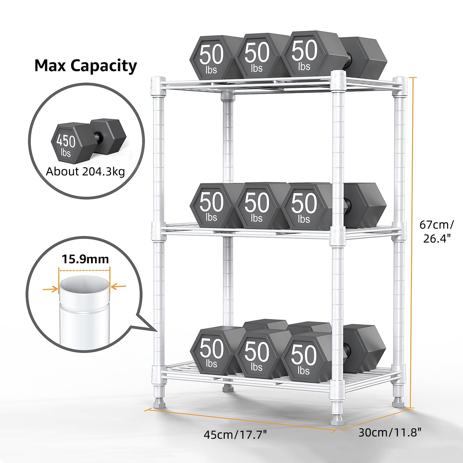 M MZG Étagère Métallique à 3 Niveaux, Capacité de Charge Totale 204,3 kg, Étagère de Rangement en Acier pour Cuisine, Salle de Bain, Garde-Manger, Buanderie et Placard, Blanc Mat, 30×45×67 cm