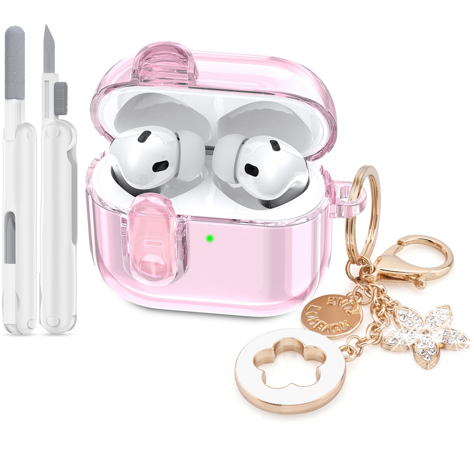 Case for Apple Airpods iPods Pro 3 Cases Cover Clear 2025 Cute Women, VISOOM Cute Air Pods Pro3 Case Clear Transparent Airpods iPods Pro 3rd Gen Protective Cases with Keychain/Lock/Cleaning Kit-Pink