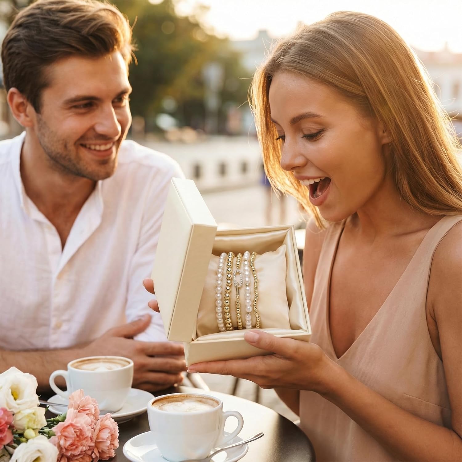 Gold Beaded Bow Heart Paperclip Pearl Stack Bracelet Set for Women, 4Pcs Handmade Golden Beads Pearls Stretch Stackable Bracelets Party Jewelry Accessories Gift - Image 4