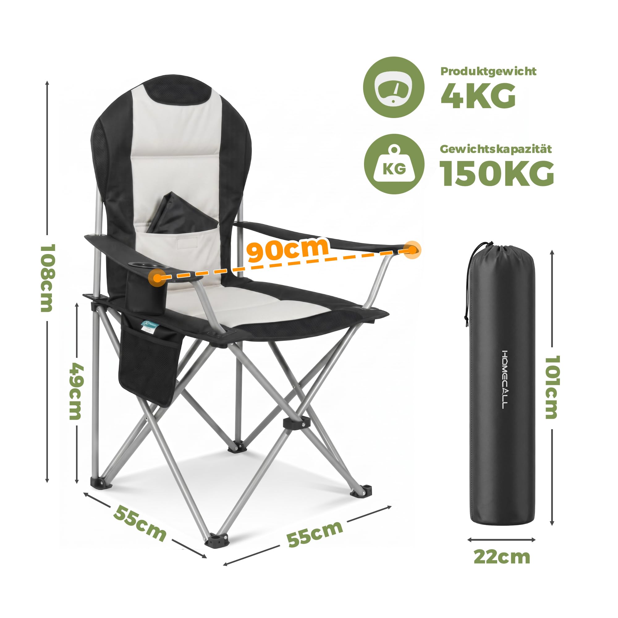 Homecall Krzesło kempingowe, składane, obciążenie 150 kg, krzesło kempingowe, z wysokim oparciem, 108 cm, z podparciem okolic lędźwiowych, wyściełane, składane krzesło kempingowe, krzesło wędkarskie,