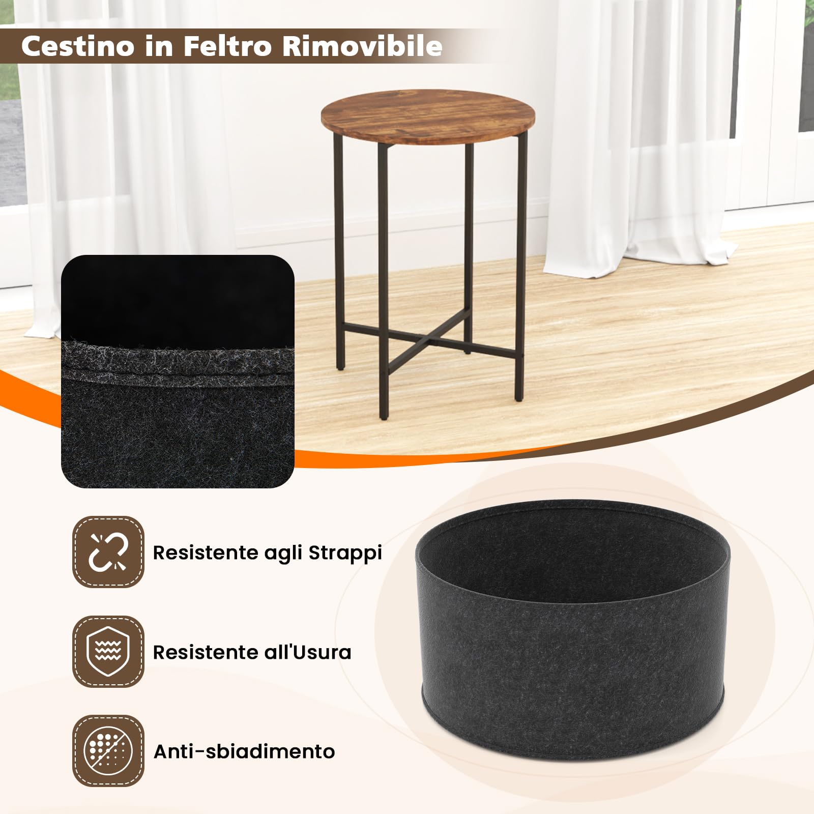 COSTWAY Tavolino Rotondo per Piccoli Spazi, Tavolino a 2 Ripiani con Cestino in Tessuto Rimovibile e Struttura in Metallo, Tavolino da Salotto, Camera da Letto e Studio (Marrone e Nero)