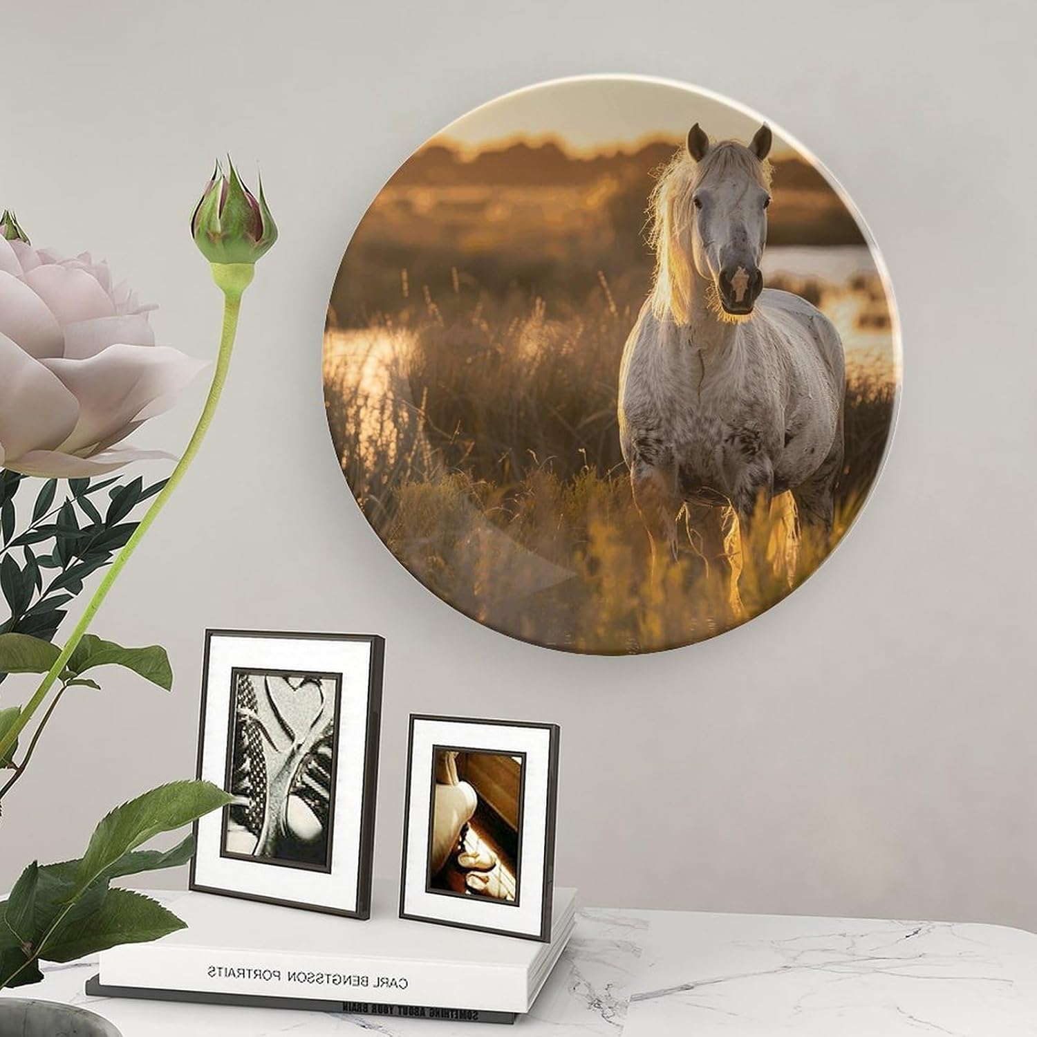 Real Horse Photos Bone China Decorative Plate with Display Stand, Ceramic Ornaments Plate for Wall Hanging, Personalized Porcelain Plates for Office, Living Room 8inch