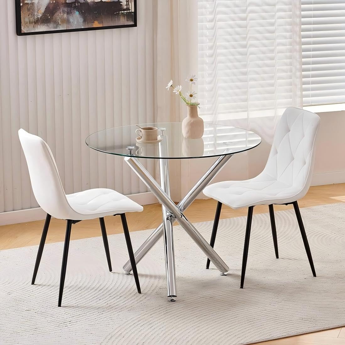 Homullel Round Dining Table and Chairs Set 2 Seater Kitchen Dining Set, 3 Pieces Table & Chairs Dinner Table Set for 2 (90cm Glass Table with 2 Chairs, Velvet Diamond White)