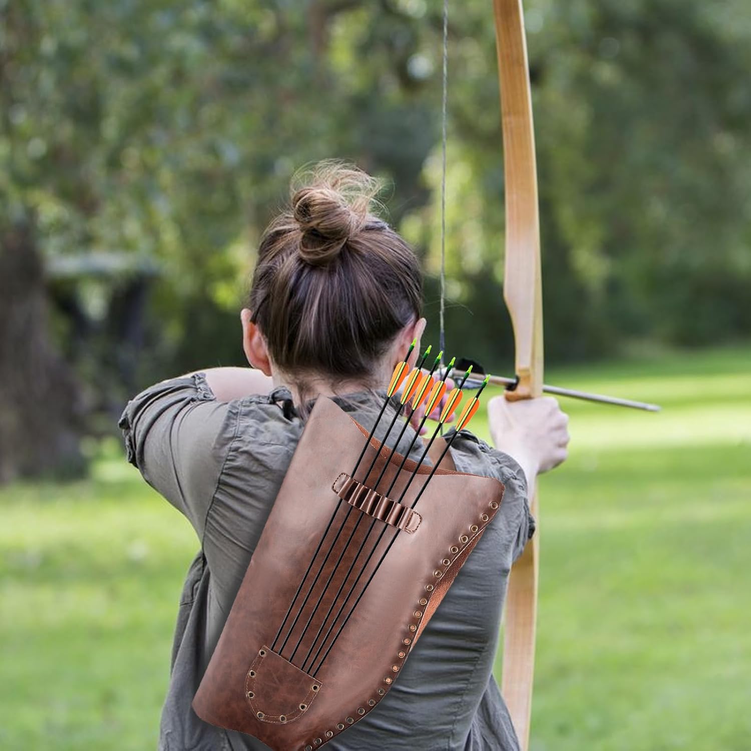 NUMJAW Archery Bow and Arrow Quiver Carrier with Arrow Slots, Leather Quiver Arrow Holder with Back Shoulder Strap, Shooting Targeting,Training,Halloween Costume Archer Cosplay Stage Prop Accessories