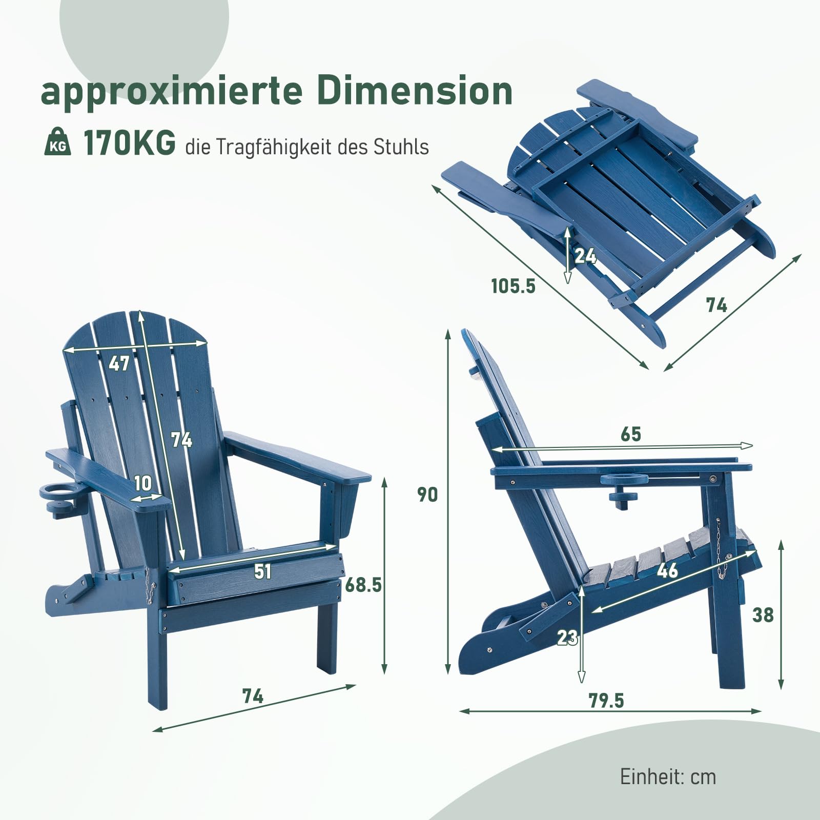 Adirondack Stuhl Klappstuhl mit Getränkehalter, Wetterfest Gartenstuhl Patio Stühle, Gartensessel aus Kunststoff für Garten, Terrasse und Balkon, Blau