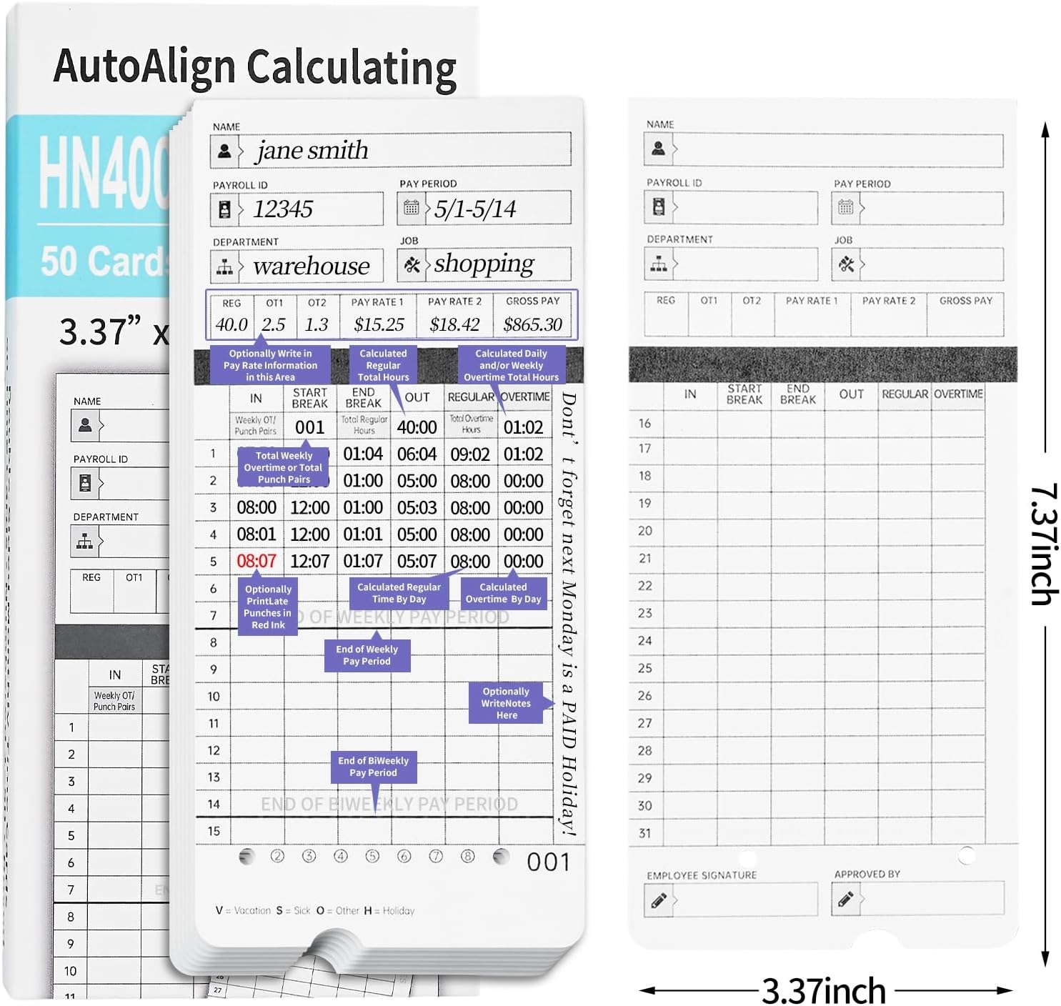 HN4000 Time Cards for Employee Time Clocks, Compatible with HN4000, HN2000, HN2500, HN4500, Card Numbers 1-50, Pre-Punched Holes, of 50 Cards, Separate Packaging (300)