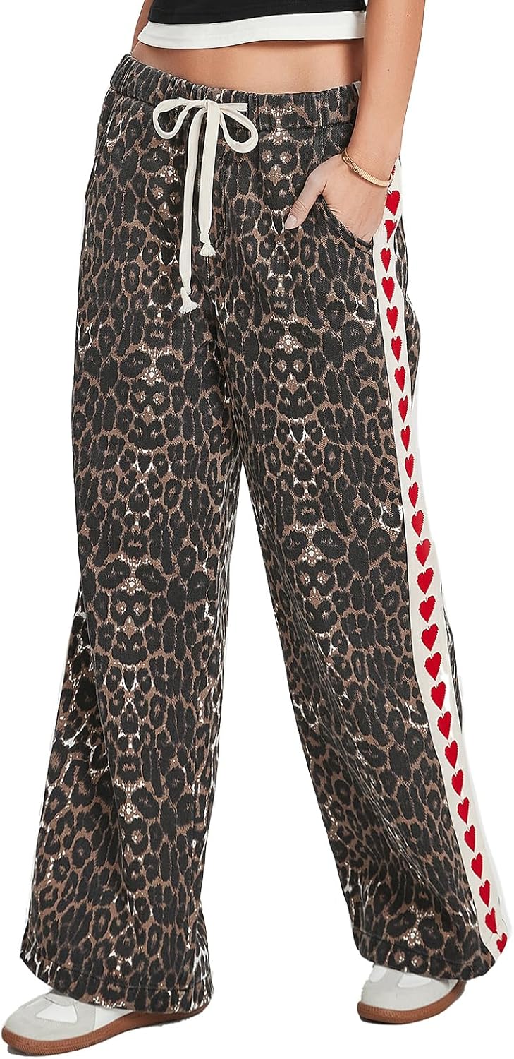 Kedera Women Leopard Heart Print Stripe Jeans Drawstring Stretch Elastic Waist Pants Y2K Casual Boyfriends Trousers