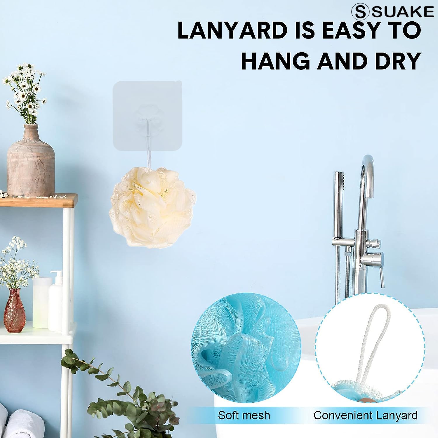 SUAKE Loofah for Bathing – Loofah Scrub Sponge & Body Exfoliator for Men & Women | Soft Shower Loofah with Hanging Handle & Wall Hook – Gentle Bathing Puff - Image 2 thumbnail