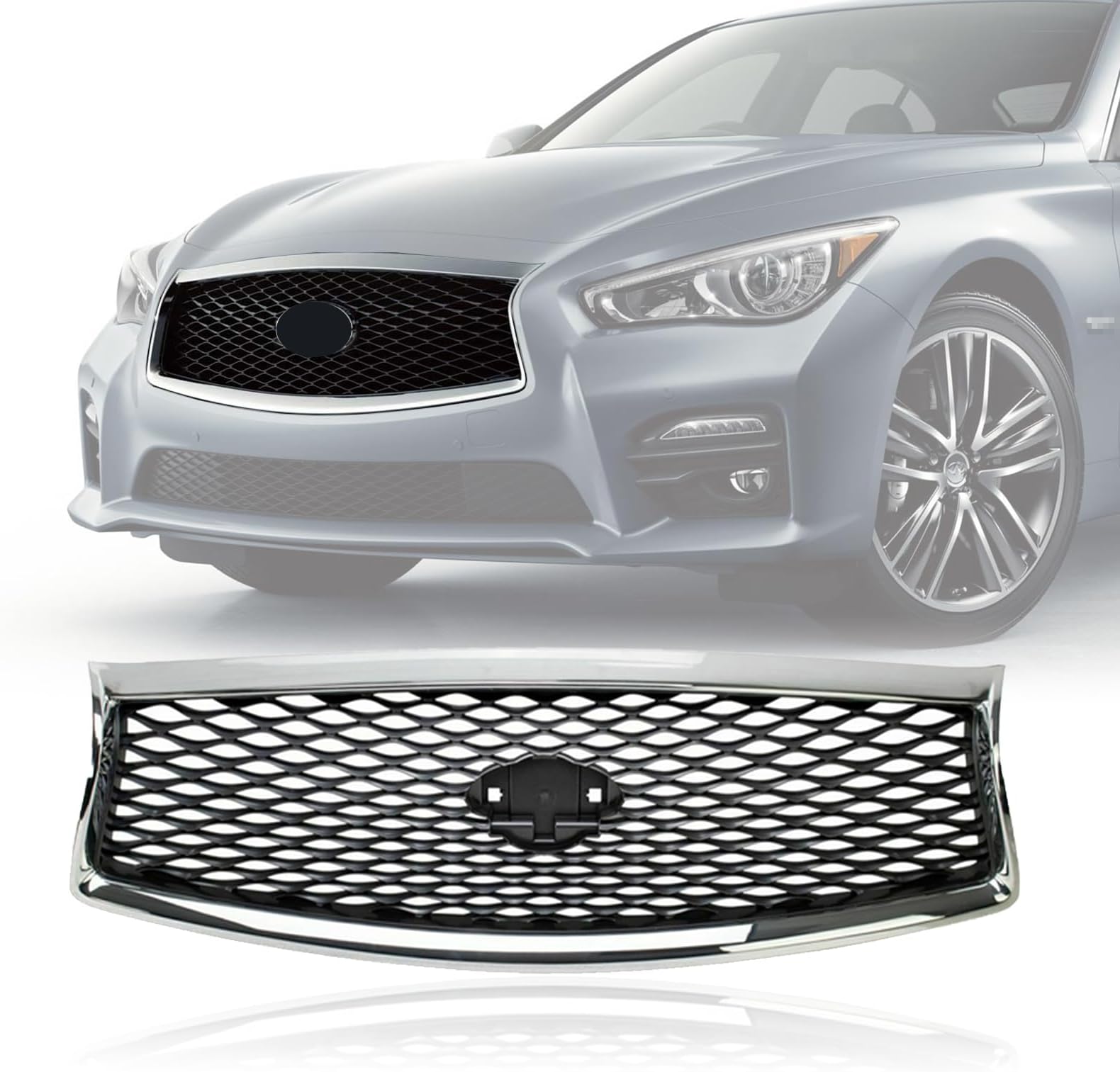 YLT AUTO Front Cover Upper Bumper Chrome Grille Fit 2014-2017 for Infiniti Q50 Gloss Front Mesh Air Intake Assembly Replacement Shroud