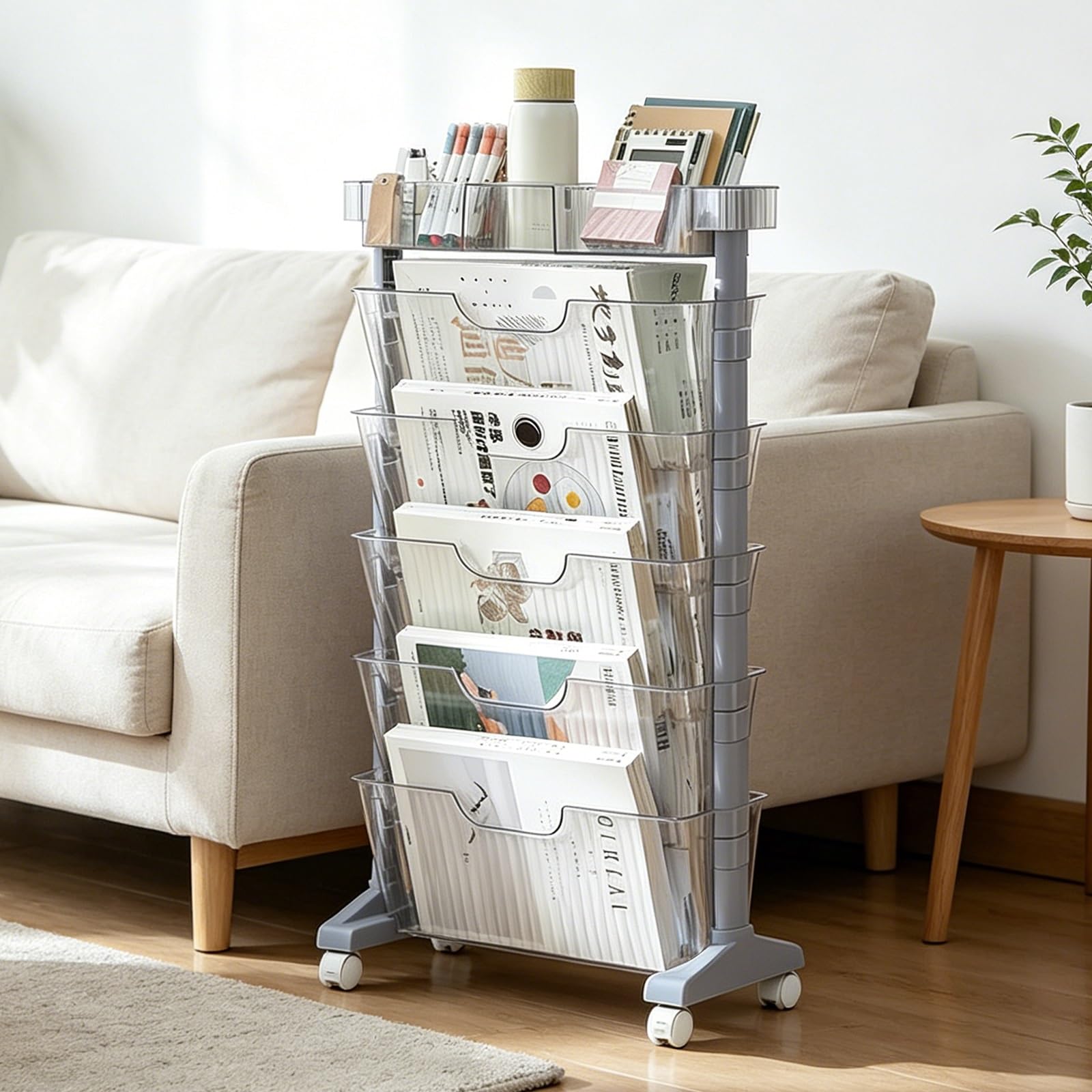 Chariot à livres mobile en V pour organiser magazines et journaux sans effort