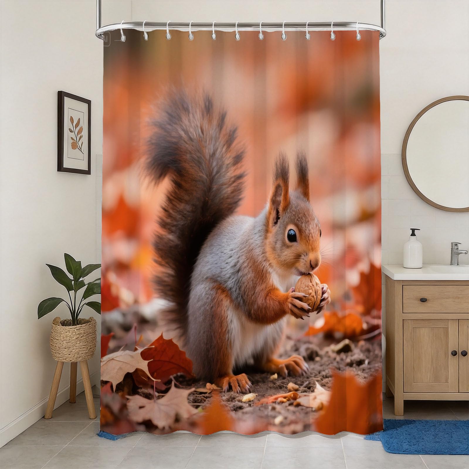 Hongduo 3D Squirrel Shower Curtain for Stalls Bathtubs Natural Bathroom Decor Shower Curtain Set Polyester Fabric Waterproof 180x200cm/71X79 Inch with Hooks