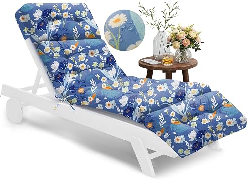 Waterproof Outdoor Chaise Lounge Chair Cushion 74.4 x 22 x 4.7 Inches Memory Foam Lounge Chair Cushions for Outdoor Furniture with Ties, Thickened Pool Lounge Chair Cushion, Blue Floral