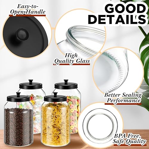 Miniatura 3 de meekoo Juego de 4 tarros de vidrio con tapas negras, juego de recipientes de vidrio de 128 onzas con tapa de metal mate sellada para organizador de
