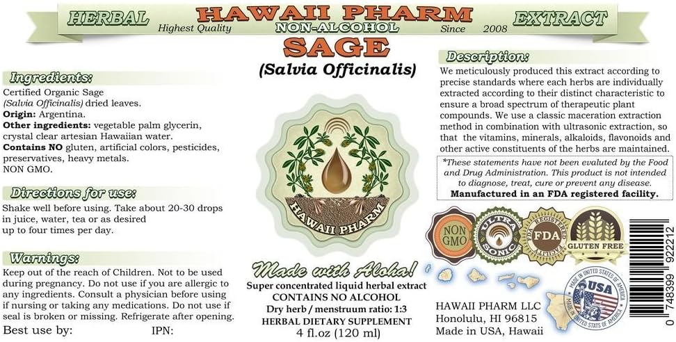 Sage Alcohol-Free Liquid Extract, Organic Sage (Salvia officinalis) Dried Leaf Glycerite Natural Herbal Supplement, Hawaii Pharm, USA 4 fl.oz