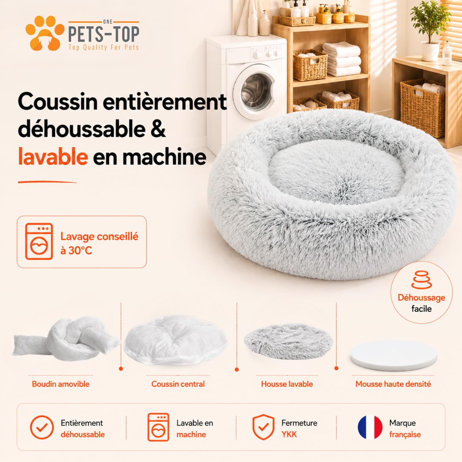 One PETS-TOP Panier Chien, Coussin Chien Dehoussable, Panier Chat Rond Lavable, Forme Donut, Matelas Apaisant Anti Stress 60cm Gris
