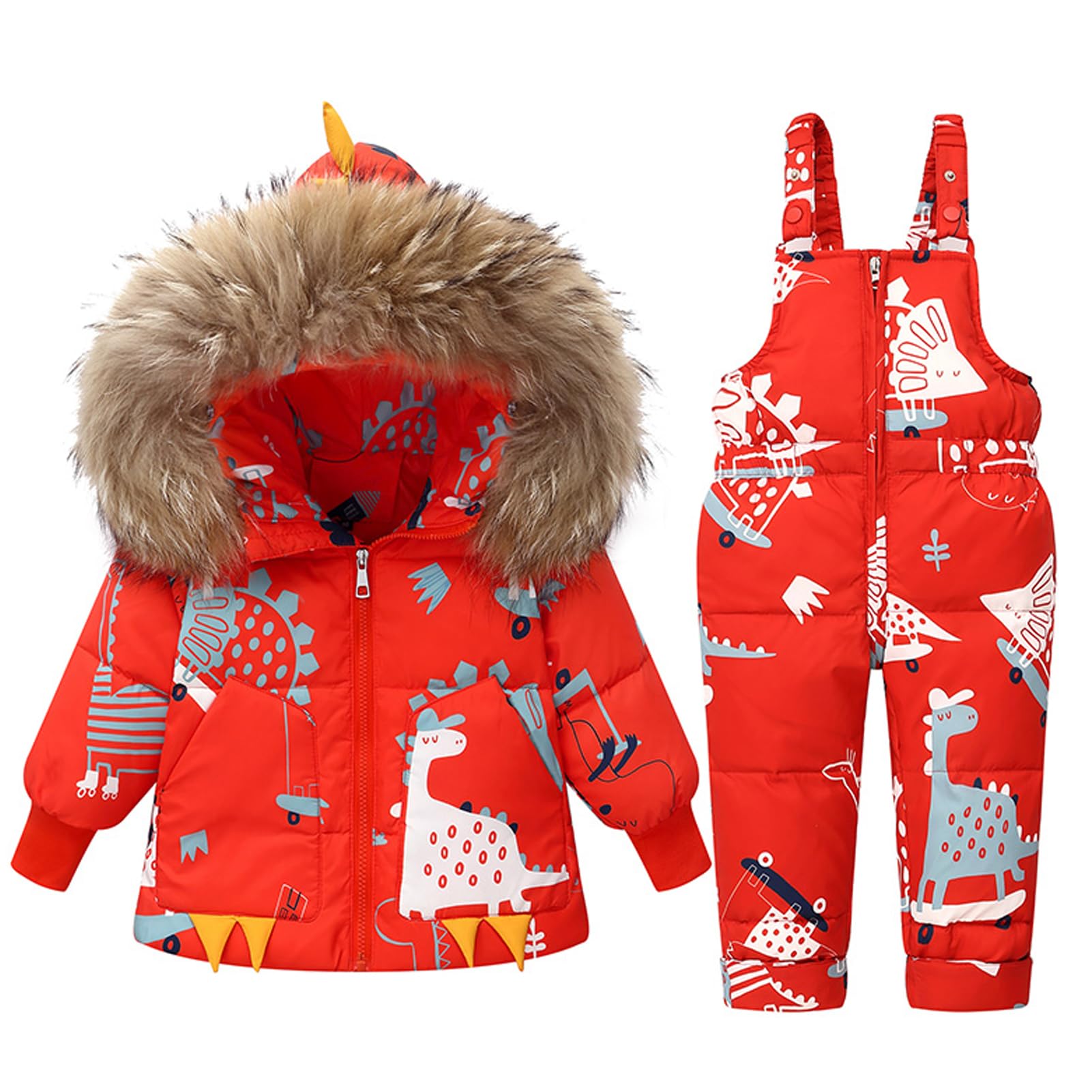 Enfants Habit de Neige Hiver 2 PièCes Tenue Ensemble, Encapuchonné Doudoune Veste et Neige Bavoir Pantalon Dinosaure Dessin Animé Combinaison de Ski Ensemble